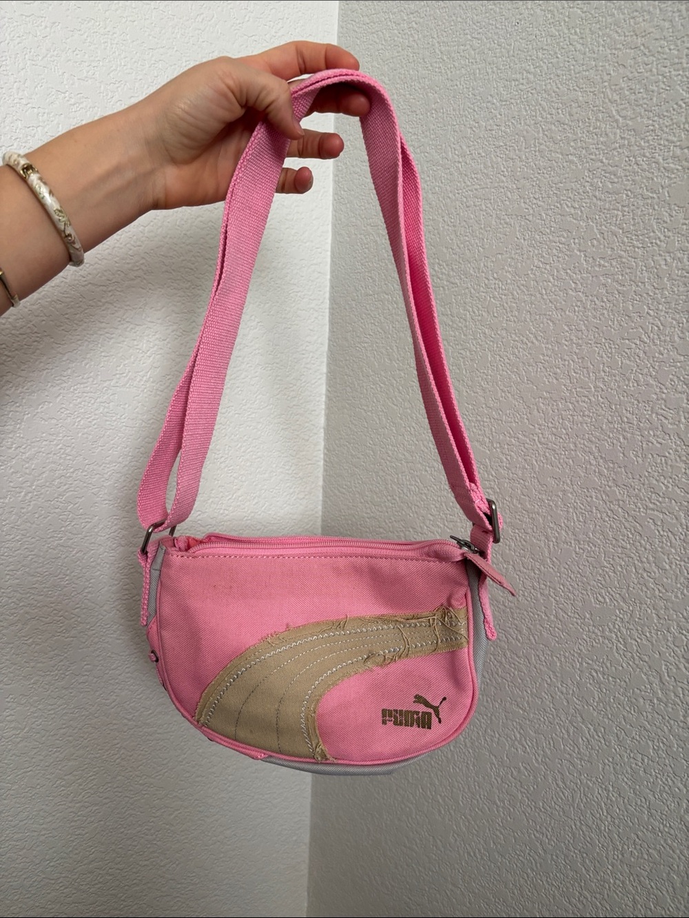 Vintage Puma Pink Shoulder Crossbody with Tan Formstripe